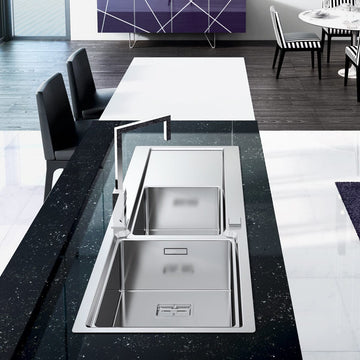 Chiuveta bucatarie inox dubla cu 2 cuve + picurator si ventil automat reversibila stanga/dreapta + accesorii montaj, 1160x500x200 mm cod 6072